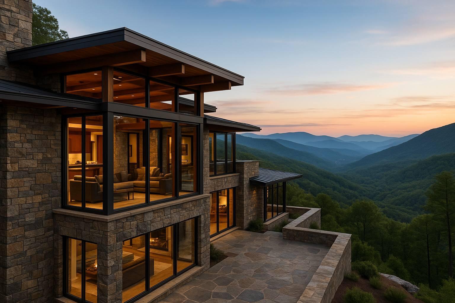 Luxury mountain-modern home with stone walls, large windows, and layered Blue Ridge-style views at sunset