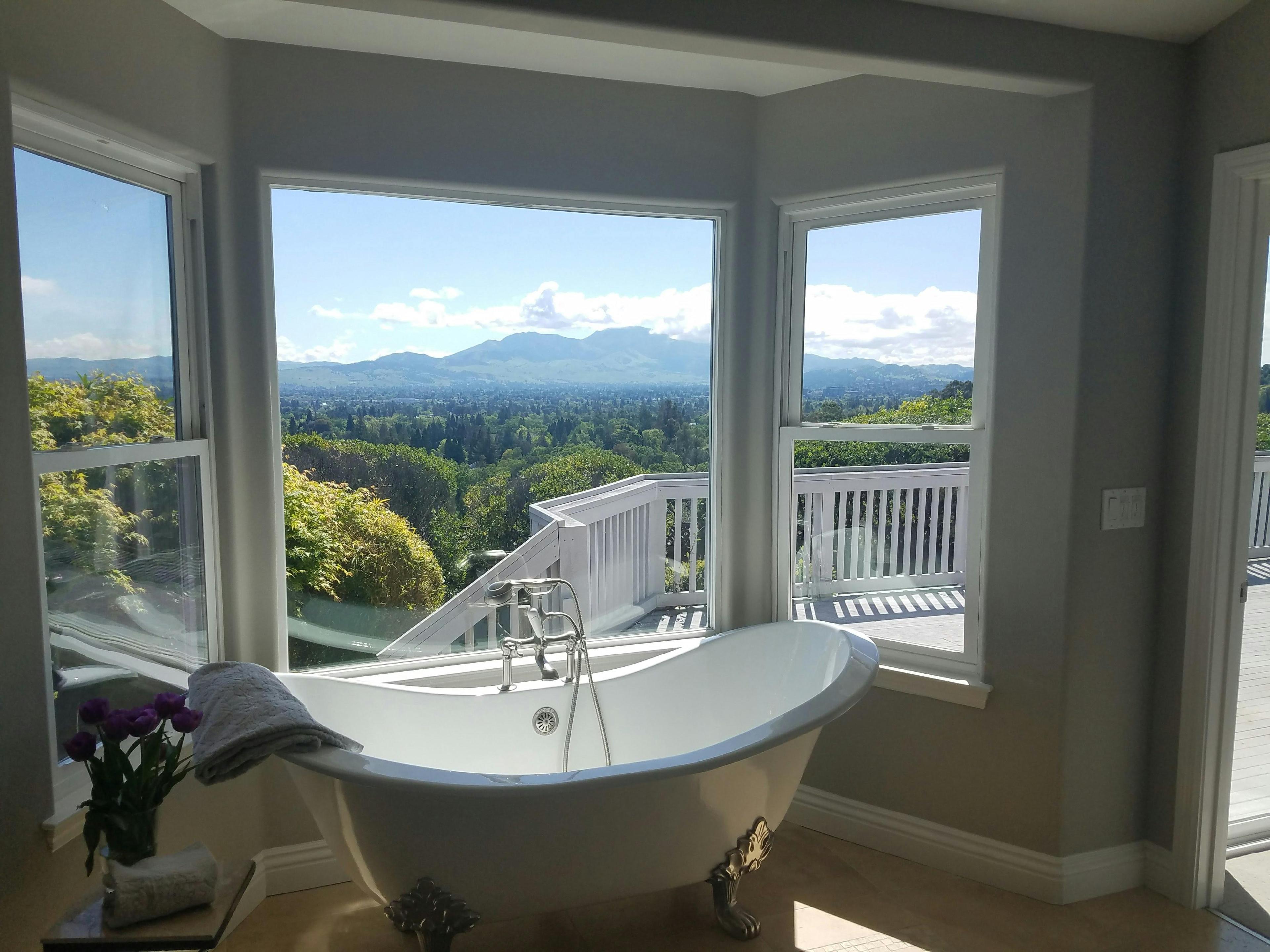 Luxury spa bath with freestanding tub and expansive mountain view through large windows