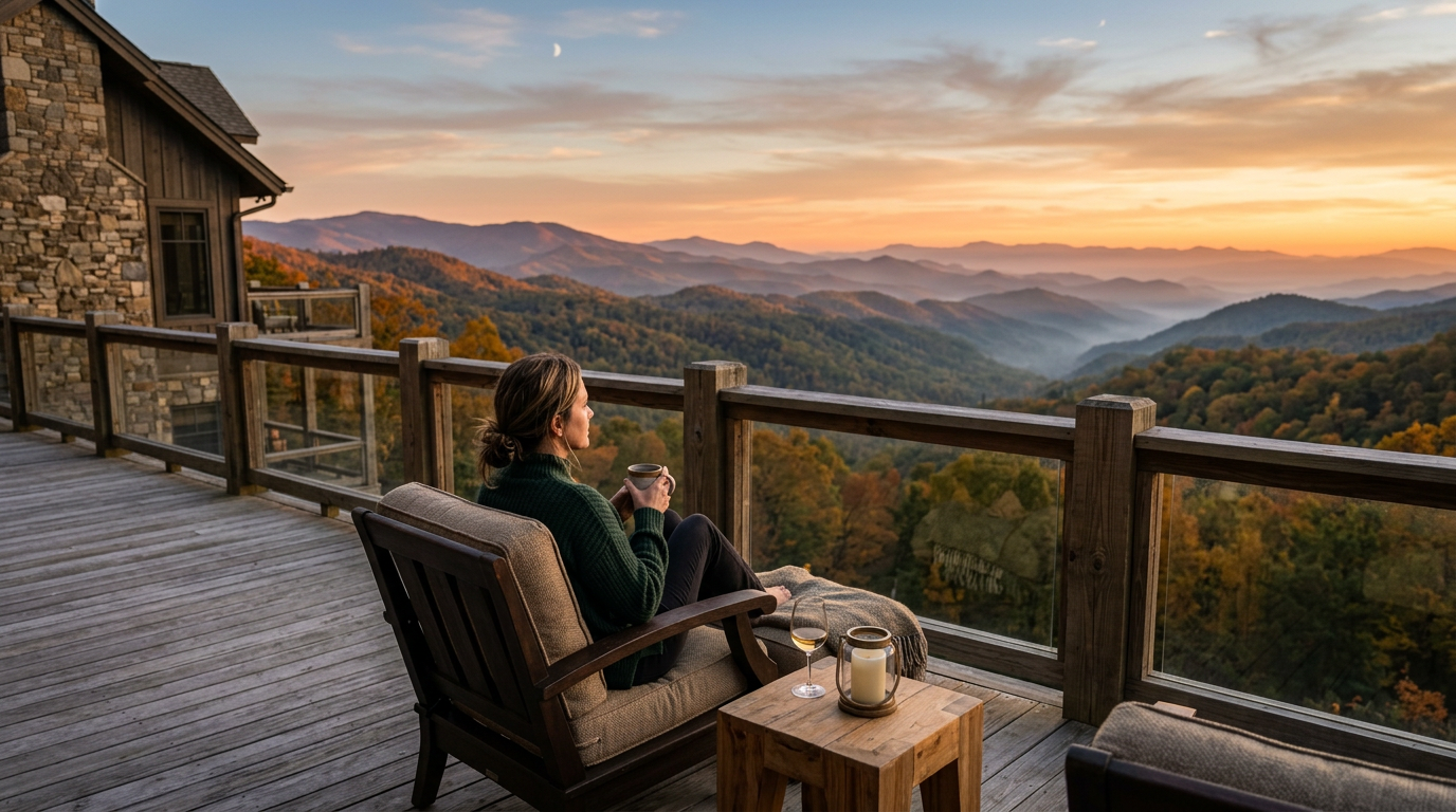 Person sitting on a luxury mountain home deck overlooking Blue Ridge and Smoky Mountain ridgelines at sunrise